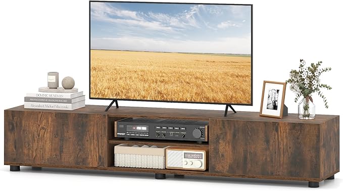 Tangkula Modern TV Stand for up to 70” TVs 63”L Minimalist Entertainment Center w/ 2 Doors &amp Open Shelves Media Console Table Storage Cabinet with 6 Support Feet for Living Room (Rustic Brown 6
