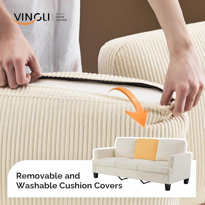 VINGLI Beige 83 Sofa Couches for Living Room Corduroy Modern Comfy 3 Seater Couch 25.6 Deep Seat Upholstery Cozy Sofas for Small Space Bedroom Apartment Home Office