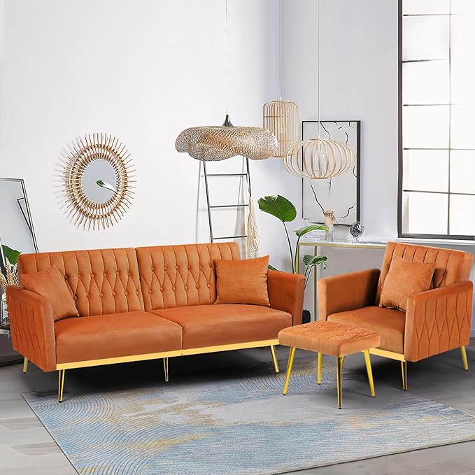 2 Pieces Velvet Sofa Set with Adjustable Armrest and Backrest 70” Convertible Futon Sofa Bed &amp Mordern Accent Chair with Ottoman for Living Room Bedroom Orange