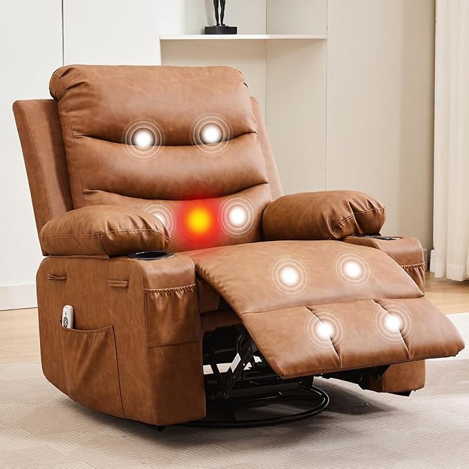 IDEALHOUSE Rocker Recliner Chair with Massage and Heat Swivel Reclining Sofa with Cup Holder Side Pockets Front Pockets Rocking Chair for Living Room Bedroom Nursery (Brown PU Leather)