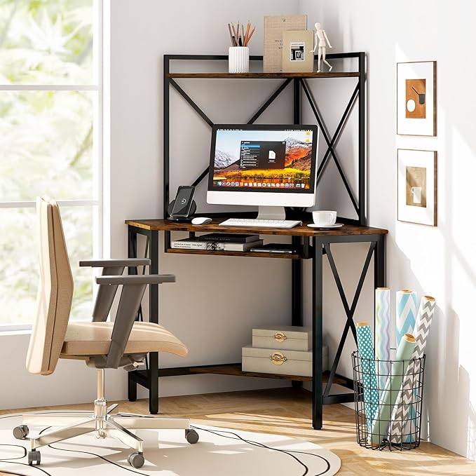 Tangkula Corner Desk with Hutch &amp Charging Station Space-Saving Computer Desk with Shelves &amp Keyboard Tray Triangle Home Office Desk with Metal Frame Corner Desk for Small Space
