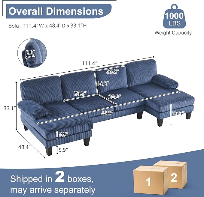 Karl home 111 Sectional Sofa U-Shaped 4-Seat Couch with Chaises Wood Grian Legs Corduroy Fabric Upholstered for Living Room Apartment Office Navy Blue