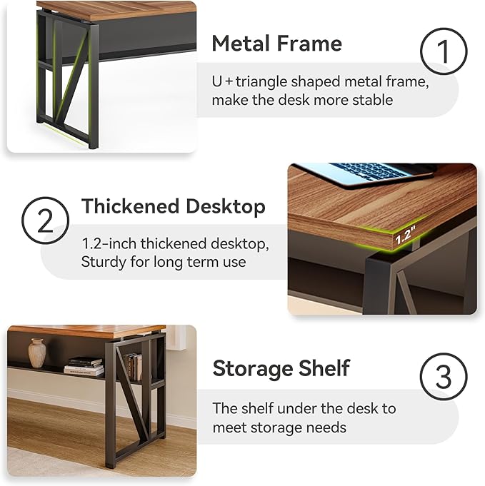 LITTLE TREE 63-Inch Executive Office Desk Large Computer Desk with Storage Shelf Executive Desk with Metal Frame Study Writing Desk Work Station for Home Office Brown + Black
