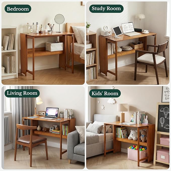 41'' Bamboo Folding Desk with Bookshelf – Space-Saving Computer Desk for Small Spaces Foldable Study Table Mid Century Modern for Home Office &amp Bedroom - Brown