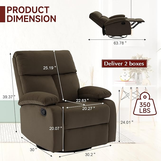 Swivel Rocker Recliner Small Recliner for Small Spaces with Overstuffed Arms and Back Manual Swivel Chair with Ultra-Soft Velvet for Living Room Nursery Bedroom Coffee