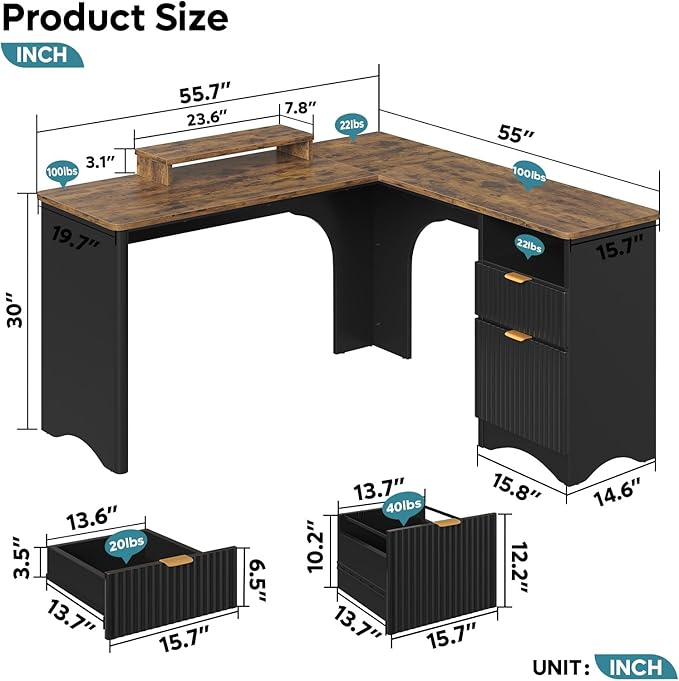 Bestier L Shaped Desk with File Drawer 55.7 x 55 Office Computer Desk with Round Corners Modern Desk with Monitor Stand &amp Fluted Panels for Home Office Black &amp Rustic Brown