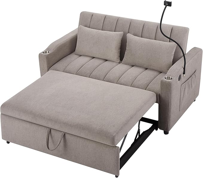 Pull Out Sofa Bed 55.9 Convertible Sofa Bed with 360°Swivel Phone Holderm Two Side Pockets Two Cup Holders 3 Level Adjustable Backrest Bella Fabric Loveseat Sofa (Light Grey * Loveseat90)