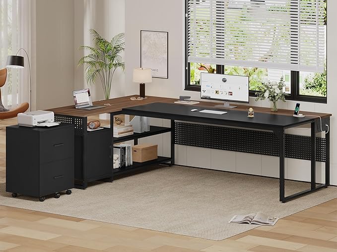 71 Executive Desk Reversible L Shaped Desk with Mobile File Cabinet &amp Power Outlets Large Office Desk with Drawers Storage Shelves Hooks Corner Computer Desk for Home Office (Walnut)