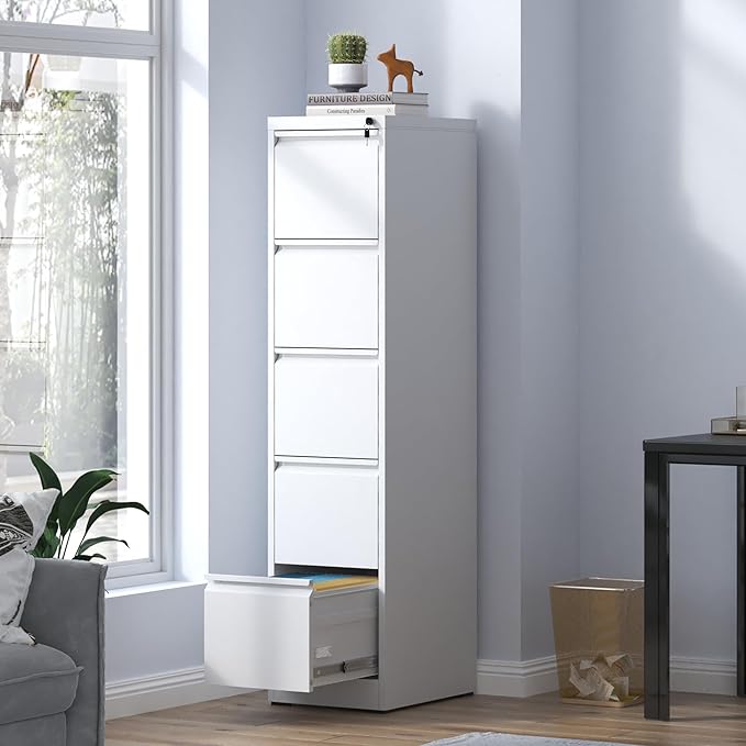 5 Drawer Small Metal Vertical File Cabinet with Lock Under Desk Storage OrganizerFiling Cabinets for HomeOffice Locking Drawers for A4 Legal/Letter SizeWhite