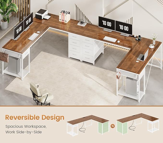 57 L Shaped Desk with 5 Drawers Reversible Computer Corner Desk with Storage &amp Power Strip for Home Office 78.7 Long 2 Person Desk Brown+White
