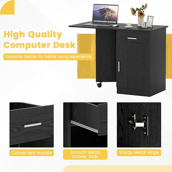 Giantex Folding Computer Desk with Drawer Home Office Desk w/Cabinet &amp Adjustable Shelf Compact Foldable Side Table Study Writing Desk for Small Spaces Dorm Apartment (Black)