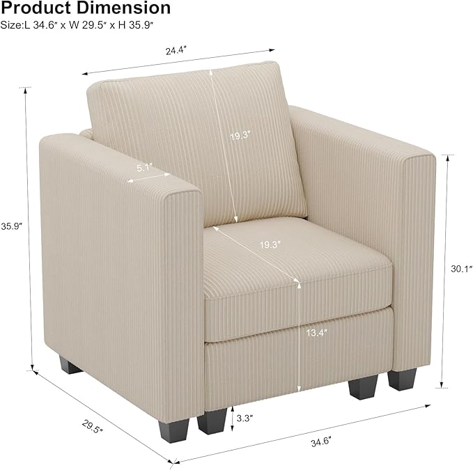 Belffin Corduroy Armchair Modular Arm Chair with Storage Modern Couch for Living Room Beige
