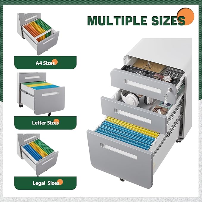 3 Drawer Filing Cabinet with Lock Gray Mobile Metal File Cabinet with 5 Wheels Small Home Office Rolling Metal Under Desk Organizer for Legal/Letter/A4 Files Gray