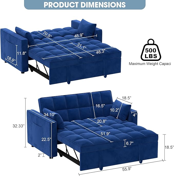 Sleeper Sofa Couch Bed 55.9'' Convertible Velvet Loveseat 3 in 1 Pull Out Sofa Bed with Toss Pillows Pockets Furniture for Living Room Blue