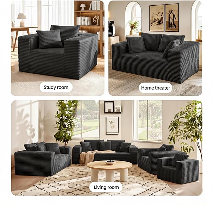 3-Seater Deep-Seat Corduroy Lounge Sleeper Sofa - No Assembly Frameless Foam Cloud Couch for Living Room Bedroom Apartment Dorm Office