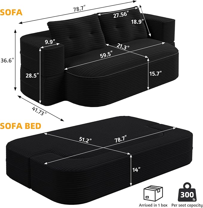 78.7 Full Size Memory Foam CouchPlush Corduroy SofaFloor Sofa Bed with Multi Functional Blanket2 in 1Convertible Folding Sofa Bed for Living Room OfficesNo Assembly Required (Black)