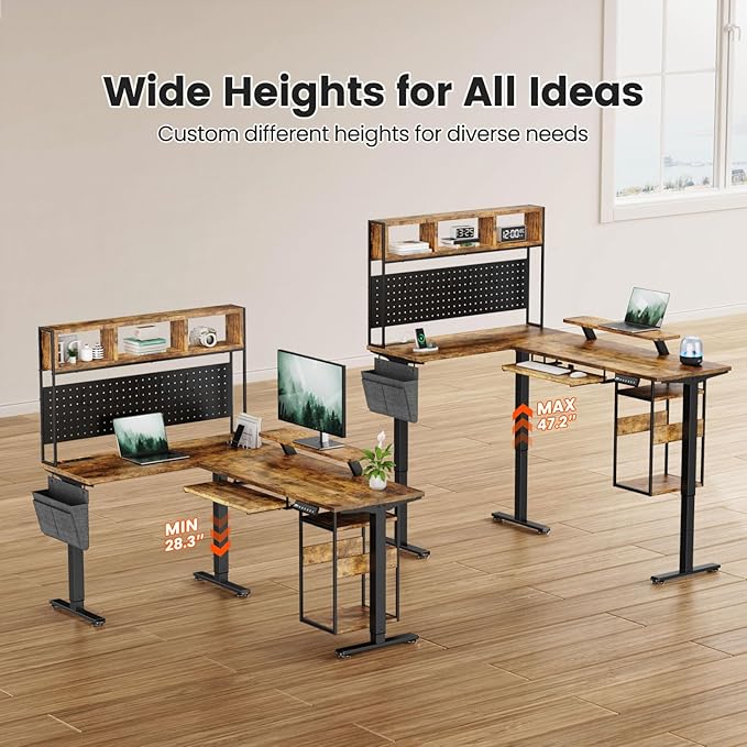 Flycity Electric L Shaped Standing Desk Adjustable Height 67 x 47 Corner Computer Desk with Host Shelf Gaming Desk with LED Lights &amp Power Outlet Dual Motor Home Office Desk with Storage Bro