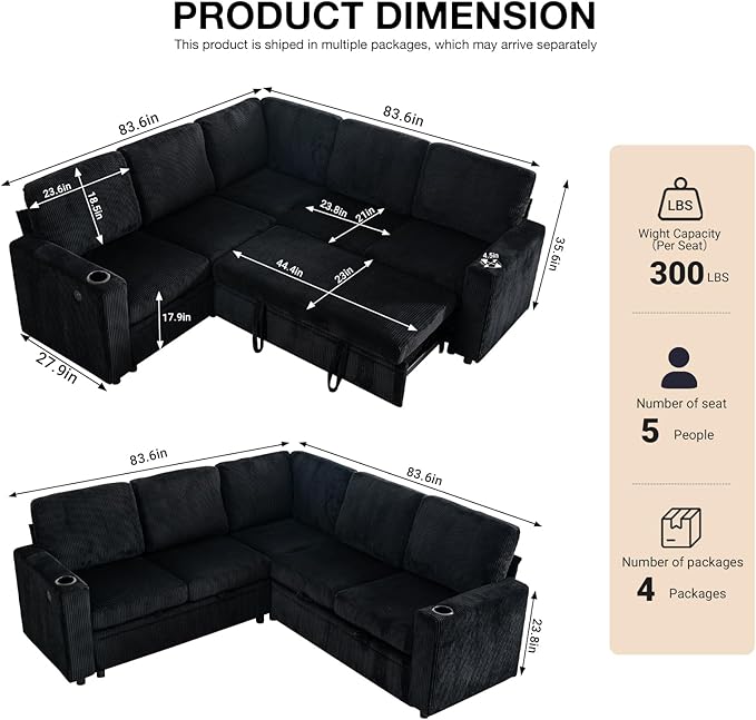 83 Sleeper Couch with Pull Out Sofa Bed 5-Seater Sectional Couches for Living Room L-Shaped Couch with Storage USB Port &amp Cup Holder Corduroy Convertible Corner Sofa for Apartment