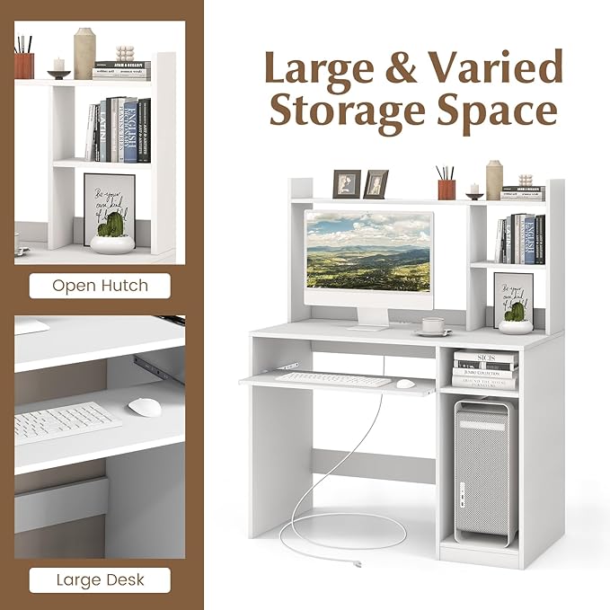 Computer Desk with Power Outlet and Hutch Home Office Workstation with Bookshelf Keyboard Tray &amp CPU Stand Writing Study Table with Storage for Small Space Black/White (White)