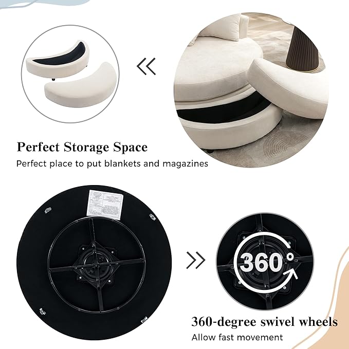 Merax 360° Swivel Barrel Chair with Half Moon Storage Ottoman Oversized Leisure Round Single Sofa Large Chaise Lounge &amp 4 Pillows Comfy Linen Upholstered Accent Armchairs for Living Room Cream