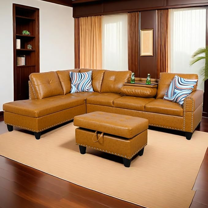 L Shaped Sectional Couch with Storage Ottoman Modern Nailhead Comfy Lounge Sofa with Reversible Cup Holder &amp Chaise 97 4 Seat Modular Sofá for Living Room Apartment Ginger