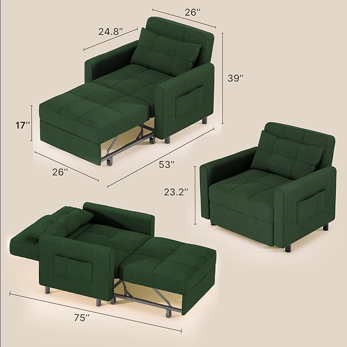 Gizoon Sofa Bed Chair 3 in 1 Convertible Pullout Single Sleeper Chair Bed with Adjustable Backrest Spacious Multifunctional Sofa Couches for Living Room Bedroom Apartment