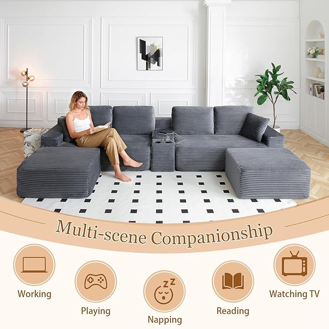 125 Oversized U-Shaped Cloud Sectional Couch 6-Seater Modular Sectional Sofa with USB Ports/Storge Console/Cup Holder Modern Deep Seat Corduroy Boneless Couch for Living Room No Assembly Gray