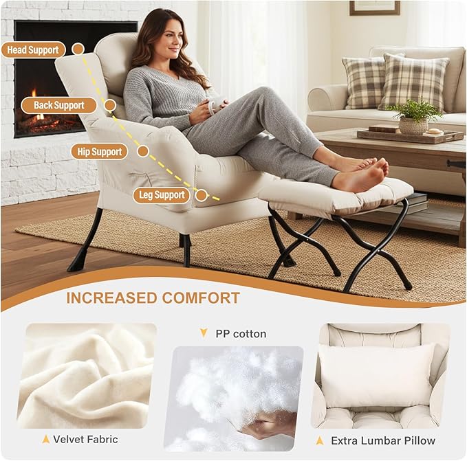 Lazy Chair with Ottoman Modern Accent Chair with Lumbar Pillow Velvet Beige Sofa Armchairs with Folding Footrest Oversized Supportive Chairs for Bedroom Reading