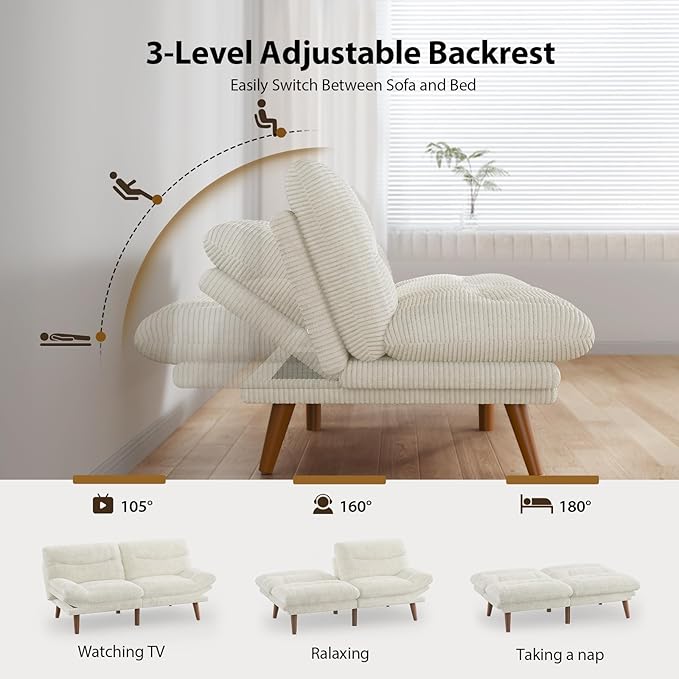 PERLECARE Convertible Futon Sofa Bed 66 Corduroy Futon Couch with Adjustable Backrest and Armrests 3-in-1Recliner Sleeper Sofa for Small Spaces Play RoomLiving Room or Office（66 inWhite） | Adjus