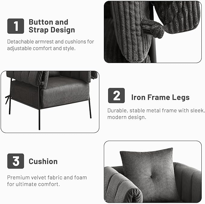 Furniliving Comfy Accent Chairs Modern Chairs for Bedroom with Pillow Lounge Chair Reading Chair with Metal Frame Upholstered Accent Chairs for Living Room Side Chair Soft Cushion Corduroy Grey