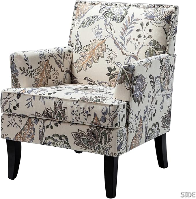 HULALA HOME Modern Accent Chair with Arms and Wooden Legs Floral Patterned Accent Chair Armchair High Back Rest Padded Armrest and Comfortable Cushioned Seat for Living Room (Orange Grey Floral)