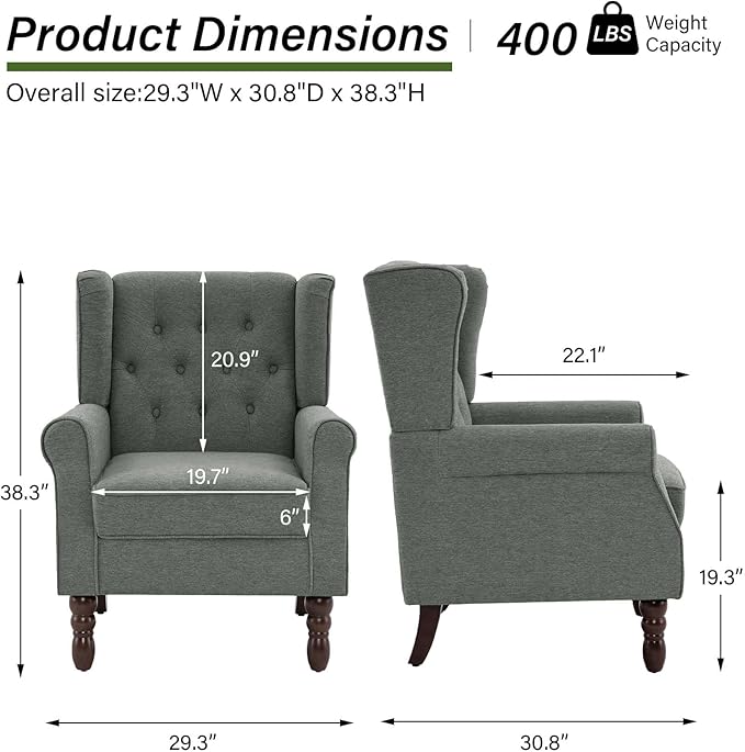 Accent Chair Upholstered Armchair with Button Tufted High Back &amp Solid Wood Legs Comfy Wingback Reading Single Sofa Chair for Small Spaces Living Room Bedroom (Grey Set of 1)