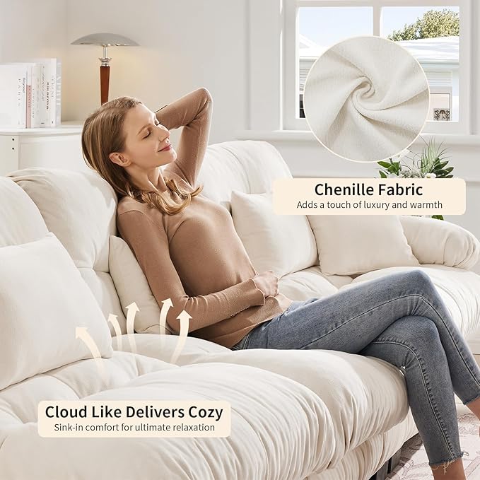 173.2 Deep Seat Modular Sofa Set Chenille Fabric Large Sectional Couches for Living Room 4 Seater Modern Cloud Couch with 1 Ottoman for Apartment or Bedroom L Shaped White