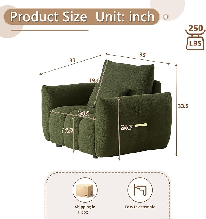 Antetek 35 Modern Accent Single Sofa Chair Comfy Deep Seat Teddy Living Room Chair Leisure Boucle Reading Sofa Arm Chair for Bedroom Office Apartment Green