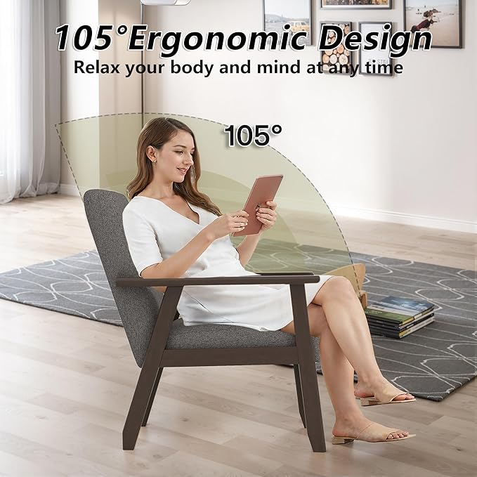 Modern Accent Chair with Wooden Table Upholstered Linen Fabric Leisure Side Chair with Arm Rest and Wooden Frame for Living Room Bedroom Reading (Gray)