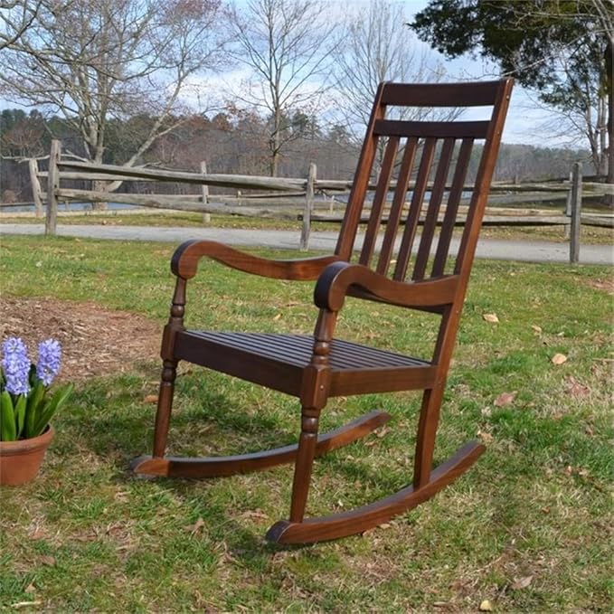 BOWERY HILL Wooden Slat Rocker Solid Hardwood Construction Elm Finish Weatherproof Contoured Back and Arms 36 in D x 23.5 in W x 45 in H Durable Indoor/Outdoor Seating for Living Room or Patio
