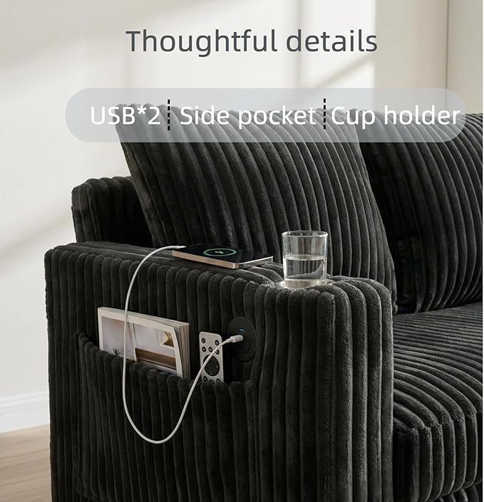 Dreamzie 53 Pull Out Couch 3 in 1 Convertible Sleeper Sofa Bed Corduroy Fabric Double Loveset with Pull Out Bed USB Port Side Pockets and Cup Holders for Living Room and Apartment Gray