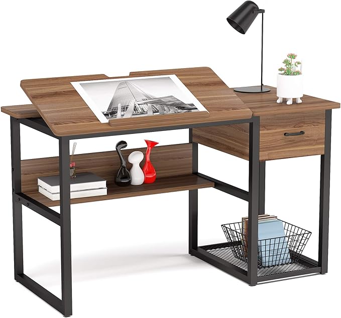 Tribesigns Drafting Table with Storage Drawers Drawing Computer Desk Artist Craft Table Painting Desk Workstation with Shelves and Tiltable Tabletop for Students Home Office
