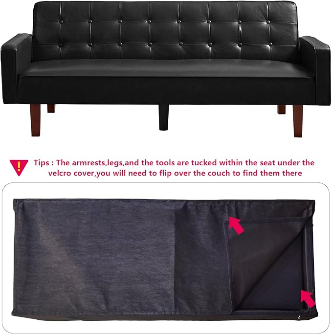 mikibama PU Faux Leather Futon Sofa Couch Upholstered Convertible Sleeper Sofa Bed Futons Modern Tufted 3 Seater Sofa Bed Couch for Living Room Apartment Small Spaces with Solid Wood Legs