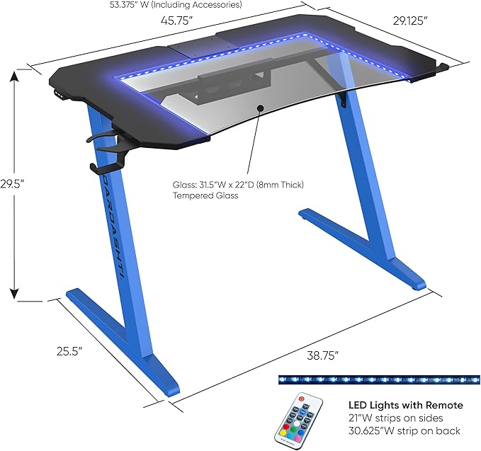 Dardashti Gaming Desk PC Computer Desk Home Office Desk Gaming Table Z Shaped Gamer Workstation with Cup Holder and Headphone Hook Z1-21 Cobalt Blue