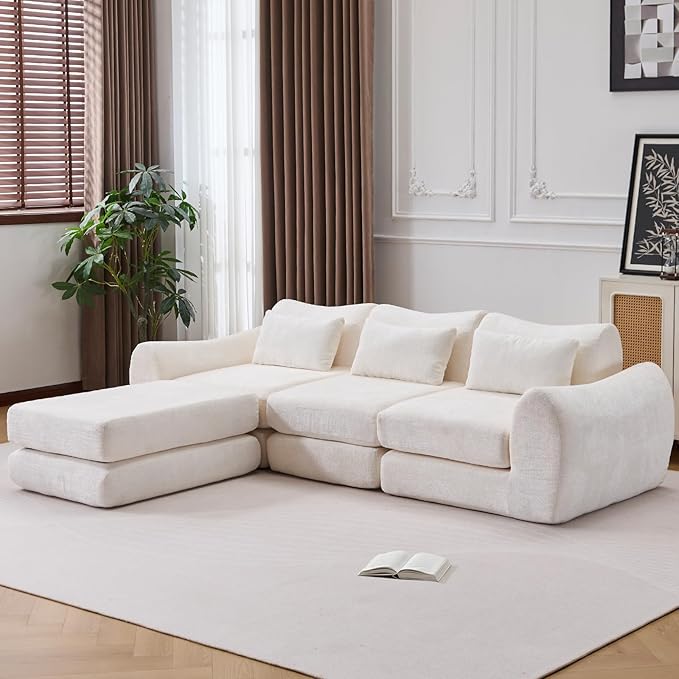 105” Modular Sectional Sofa Convertible Sofa BedTransforms into Single or Double Sofa Chenille Fabric Cloud SofaModern Soft Boneless Comfort No Assembly Required White
