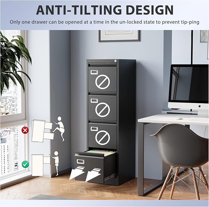 4 Drawer File Cabinet Filing Cabinets for Home Office Metal Vertical File Storage Cabinet with Lock Locking File Cabinet for A4 Legal/Letter 15 W x 17.7 D x 50.1 H Assembly Required