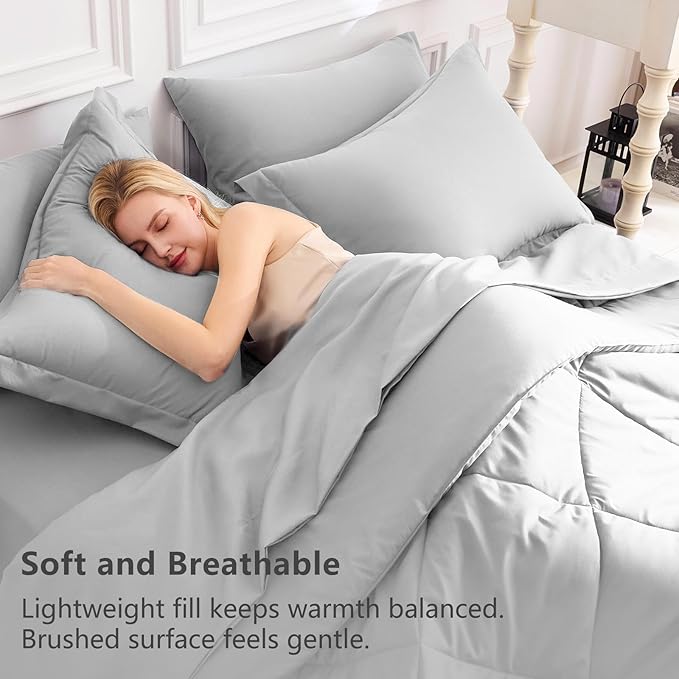 CozyLux Oversized King Comforter Set Light Grey 7 Pieces Bed in a Bag Comforter Set with Sheets All Season Bedding Set with Down Alternative Comforter Sheets Pillowcases &amp Shams
