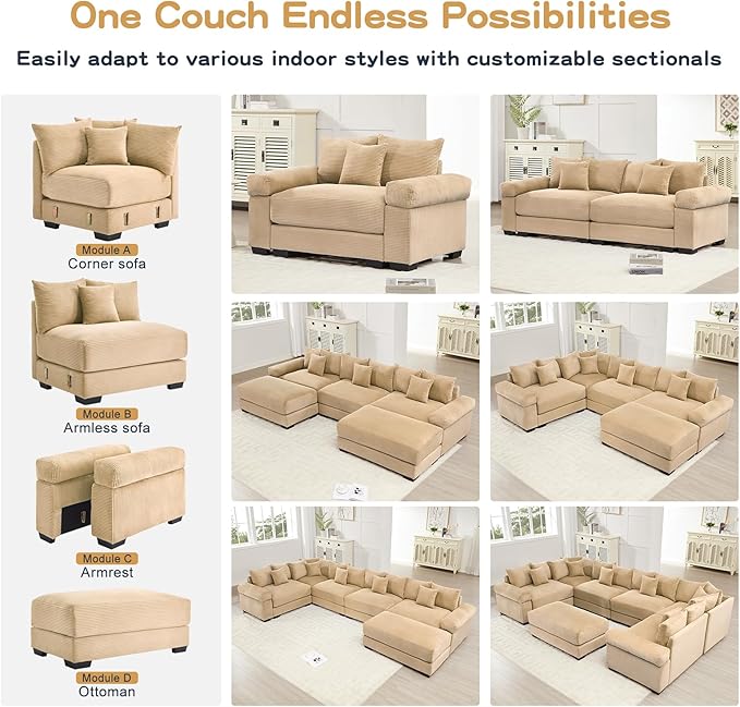 168.4 Oversized Modular Sectional Sofa Corduroy Large Sectional Couches for Living Room 4 Seater Couches with 2 Movable Ottomans Modern Deep Seat Sofa Set U Shaped Camel