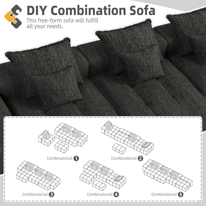 184'' Cloud Couch Modular Sectional Sofa with Ottoman Chenille Oversized Compression Boneless Sofa 6 PC DIY Combination Sleeper Chaise Longue Minimalist Couches for Living Room Black