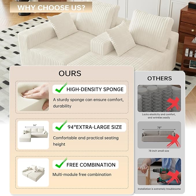 96 Cloud Sectional Couch with L-Shape Chaise4 Seat Modern Modular Sofa with Side PocketsUpholstered Couches for Living Room Bedroom Boneless CouchNo Assembly Required