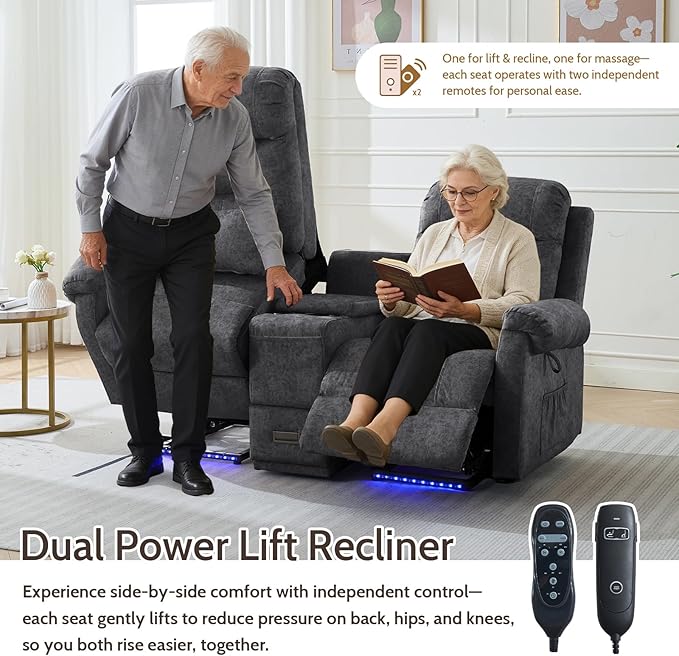 Power Lift Recliner LoveseatVelvet Reclining Loveseat Sofa RV Couch with ConsoleDual Power Lift Recliner Chair for Elderly with Heat and MassageElectric Lift Chairs for Living Room (Gray)