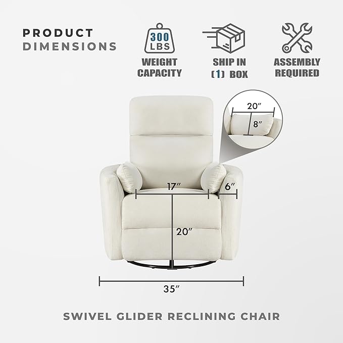 Lexicon Modern Swivel Glider Recliner Chair - Quiet 360 Swivel Chair Durable Microfiber Upholstered 2 Pillows Manual Reclining for Living Room Small Spaces Nursery Apartment Bedroom Beige