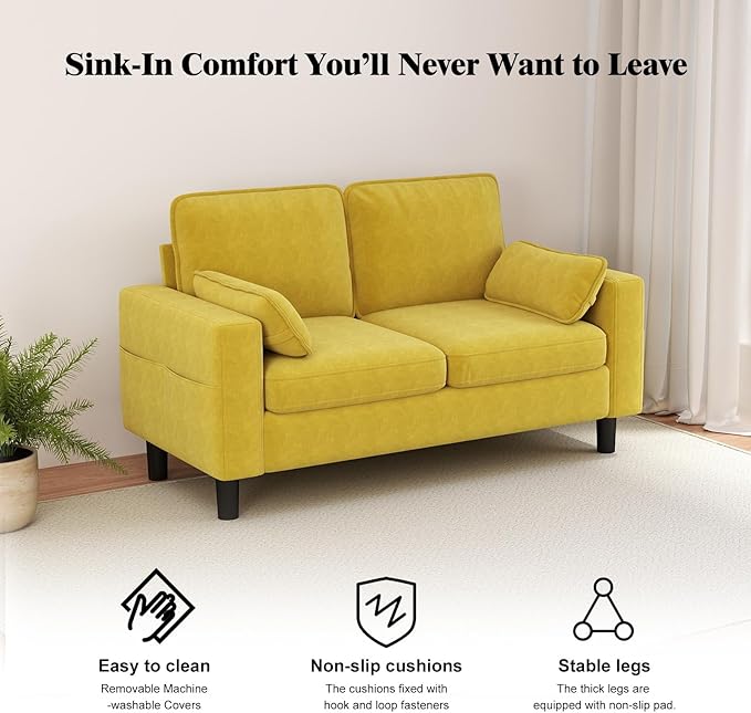 kinbor Small Couches for Small Spaces - Set of 2 Modern Loveseat Sofa with Magazine Pockets &amp Detachable Cover Durable Foam Couch for Living Room Office Salon Mustard Yellow
