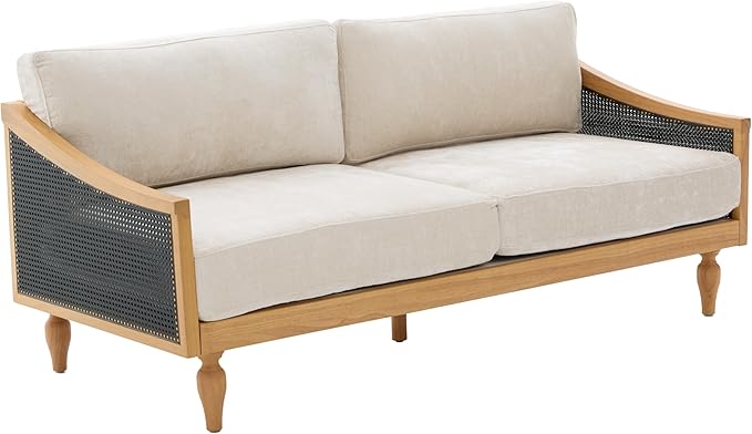 Christopher Knight Home Harper Mid-Century Loveseat Sofa Couch 2-Seater Lounge Sofa with Rattan Armrests and Wooden Legs Chenille Upholstered Couches for Living Room and Small Space Black
